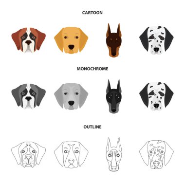 Farklı doğurmak-in köpek ağızlık. St. Bernard, golden retriever, Doberman, Dalmaçyalı doğurmak köpek toplama Icons set çizgi film, anahat, tek renkli stil vektör simge stok çizim web.