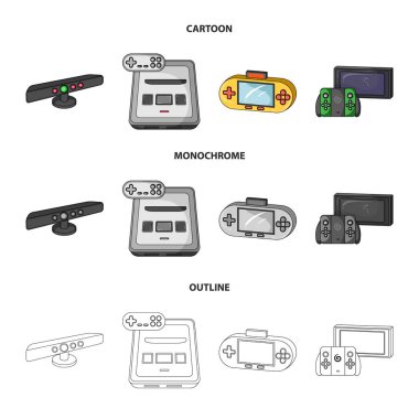 Oyun ve Tv alıcı kutusu çizgi film, anahat, set koleksiyonu tasarım için tek renkli simgeler. Oyun gadget'lar sembol stok web illüstrasyon vektör.