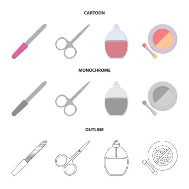 Tırnak törpüsü, makaslar, çivi, parfüm, pudra fırçası ile için. Makyaj koleksiyonu Icons set çizgi film, anahat, tek renkli stil vektör simge stok çizim web.