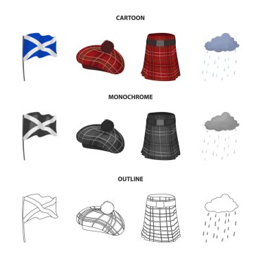 Bayrak, İskoç eteği, yağışlı hava, cap. İskoçya ülke koleksiyonu Icons set çizgi film, anahat, tek renkli stil vektör simge stok çizim web.