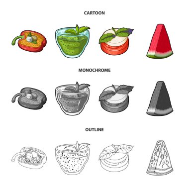 Tatlı Bulgar biber, vitamin içeceği, reçel ahududu ve nane yaprakları ile karpuz bir parçası. Vejetaryen yemekleri koleksiyonu Icons set çizgi film, anahat, tek renkli stil vektör simge stok
