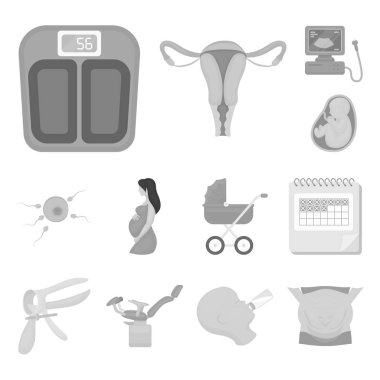 Kadın ve gebelik tek renkli simgeler set koleksiyonu tasarım için. Kadın hastalıkları ve ekipman sembol stok web illüstrasyon vektör.