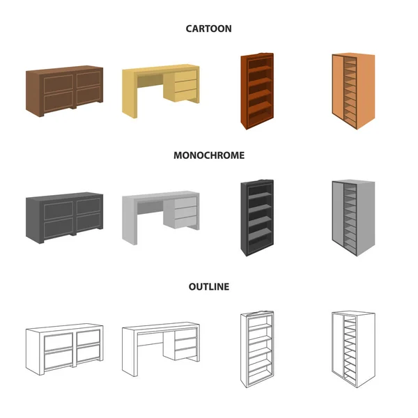 Armario con espejo, armario, estanterías con entrepisos. Dormitorio muebles conjunto colección iconos en dibujos animados, contorno, estilo monocromo vector símbolo stock ilustración web . — Archivo Imágenes Vectoriales