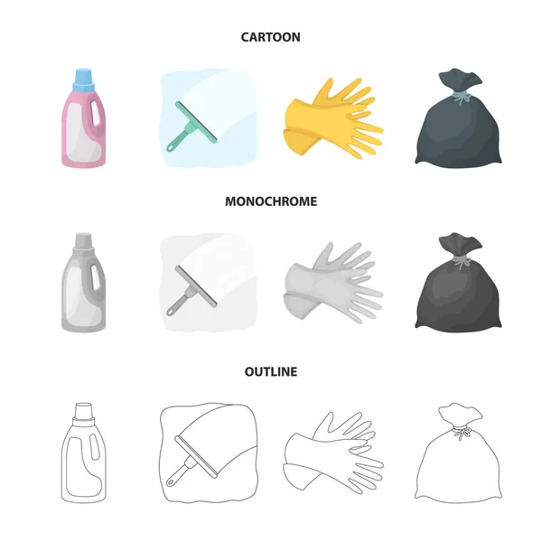 Gel zum Waschen in einer rosafarbenen Flasche, gelbe Handschuhe zum Reinigen, eine Bürste für Glas, eine schwarze Tasche für Müll oder Abfall. Reinigungs-Set Sammlungssymbole in Cartoon, Umriss, monochromen Stil Vektor-Symbolstock — Stockvektor