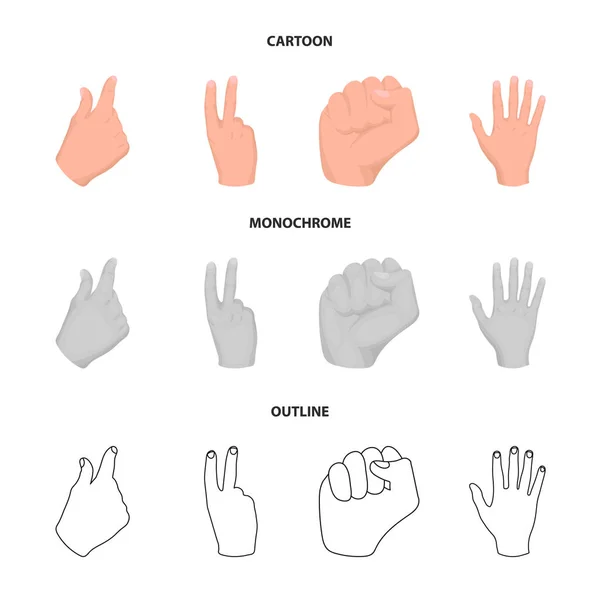 Offene Faust, Sieg, Geiz. Handgesten Set Sammlung Symbole in Cartoon, Umriss, monochromen Stil Vektor Symbol Stock Illustration Web. — Stockvektor
