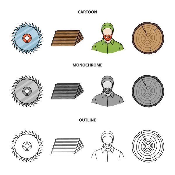 Circular saw, a working carpenter, a stack of logs. A sawmill and timber set collection icons in cartoon,outline,monochrome style vector symbol stock illustration web. — Stock Vector