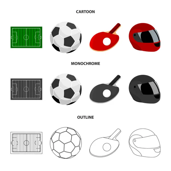 Feld, Stadion mit Markierungen zum Fußballspielen, Fußballball, Schläger mit Ball für Tischtennis, Schutzhelm für das Spiel, Handschuh für Baseball oder Rugby. Sport Set Sammlung Symbole in Cartoon — Stockvektor