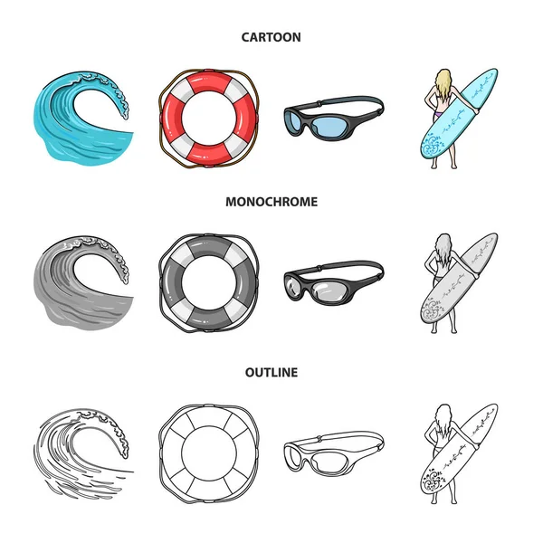 Ankommende Welle, Rettungsring, Brille, Mädchen surfen. Surfset Sammlung Symbole in Cartoon, Umriss, monochromen Stil Vektor Symbol Stock Illustration Web. — Stockvektor