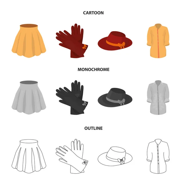 Kjol med veck, skinnhandskar, kvinnor hatt med en båge, skjorta på fästelementet. Kvinnor kläder som samling ikoner i tecknad, skissera, svartvit stil vektor symbol stock illustration web. — Stock vektor