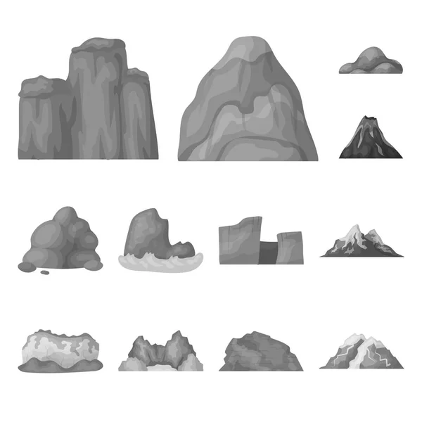 Ícones monocromáticos de montanhas diferentes na coleção de conjuntos para design.Mountains e paisagem símbolo vetorial ilustração web estoque . — Vetor de Stock