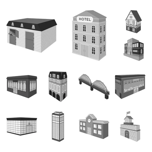 Építési és építészeti monokróm ikonok beállítása gyűjtemény a design. Az épület és a lakás vektor izometrikus szimbólum állomány honlap illusztráció. — Stock Vector