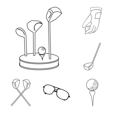 Golf ve öznitelikleri set koleksiyonu tasarım için simgeleri anahat. Golf Kulübü ve ekipman sembol stok web illüstrasyon vektör.