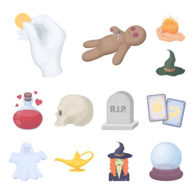 çizgi film ve white magic set koleksiyonu tasarım için simgeleri karikatür. Sembol stok web illüstrasyon vektör öznitelikleri ve büyücü aksesuarları.