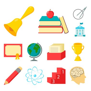 Set koleksiyonu tasarım için okul ve eğitim karikatür simgeler. Üniversite, ekipman ve aksesuarları sembol stok web illüstrasyon vektör.