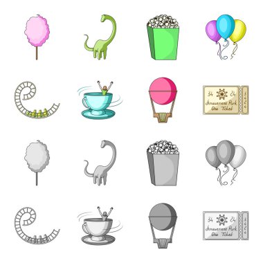 Roller coaster binmek, balon sepet, caruelle Kupası, parkın girişinde bir bilet ile. Eğlence Parkı toplama simgeler çizgi film, tek renkli stil vektör simge stok çizim web ayarla..