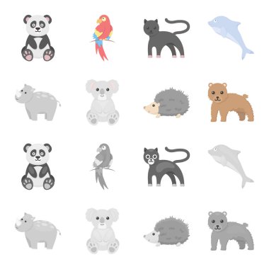 Gergedan, koala, Panter, kirpi. Hayvan toplama simgeler çizgi film, tek renkli stil vektör simge stok çizim web ayarla..