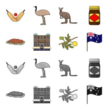 Sarayı, Kraliçe Victoria, Mount Uluru, Mimoza, ulusal bayrak bir çiçek. Avustralya toplama simgeler çizgi film, tek renkli stil vektör simge stok çizim web ayarla..