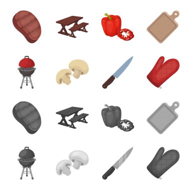 Barbekü ızgara, petrol, bıçak, Barbekü mitten. Barbekü koleksiyonu Icons set çizgi film, tek renkli stil vektör simge stok illüstrasyon, web