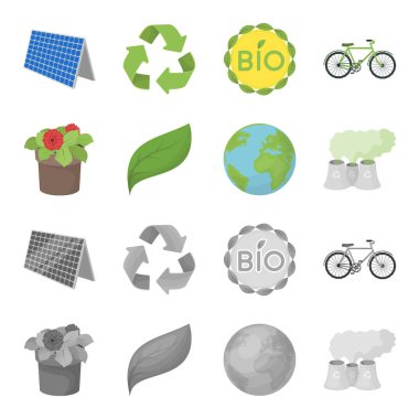 Bir işleme tesisi, bir pot, yeşil bir yaprak, bir gezegen Earth.Bio ve ekoloji çiçek toplama simgeler çizgi film, tek renkli stil vektör simge stok çizim web ayarla.