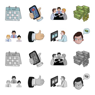 Video konferans, iş düşünceler, okay.Bizneskonferentsiya ve müzakerelerin bir rozet çizgi film, tek renkli stil vektör simge stok çizim web simgeler ayarla.