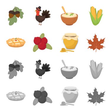 Kızılcık, kabak pasta, bal çömleği, akçaağaç yaprağı. Kanada Şükran günü toplama simgeler çizgi film, tek renkli stil vektör simge stok çizim web ayarla..