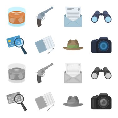 Kamera, Büyüteç, şapka, defter kalem ile. Dedektif toplama simgeler çizgi film, tek renkli stil vektör simge stok çizim web ayarla..