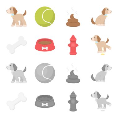 Bir kemik, bir yangın musluğu, bir kase gıda, pissing bir köpek. Köpek toplama simgeler çizgi film, tek renkli stil vektör simge stok çizim web ayarla..