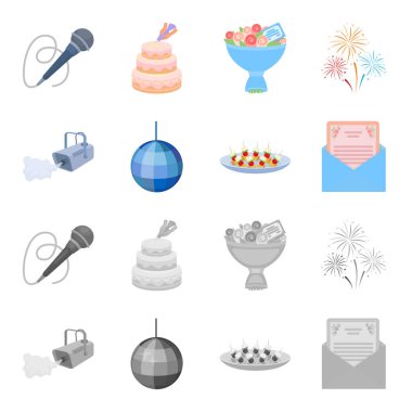 Duman, twirling bir tatil top, sandviç bir tabak, bir tebrik kartı olan bir zarf ile bir video kamera. Etkinlik Hizmetleri toplama simgeler çizgi film, tek renkli stil vektör simge stok ayarla.