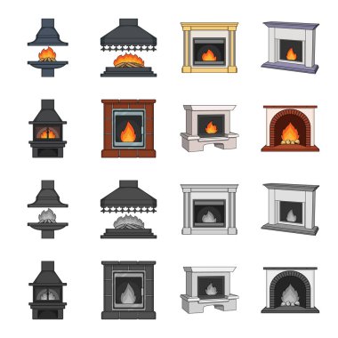 Yangın, sıcaklık ve konfor. Şömine toplama simgeler çizgi film, tek renkli stil vektör simge stok çizim web ayarla..