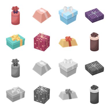 Fiyonklu hediye paketi hediye kutusu. Hediyeler ve sertifikaları çizgi film, tek renkli stil vektör simge stok çizim web simgeler ayarla.