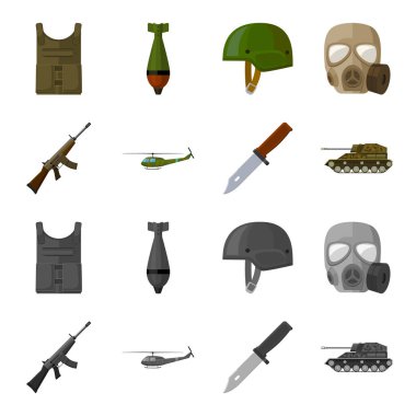 Saldırı tüfeği M16, helikopter, tank, savaş bıçak. Askeri ve ordu çizgi film, tek renkli stil vektör simge stok çizim web simgeler ayarla.