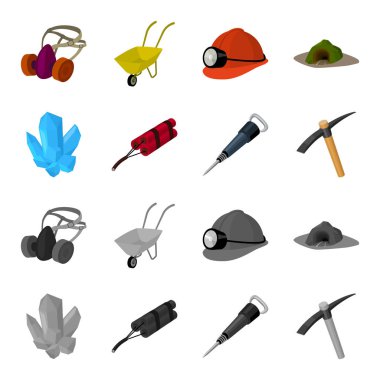 Mineraller, patlayıcılar, kırıcı, kazma. Toplama simgeler çizgi film, tek renkli stil vektör simge stok çizim web set madencilik sanayi.