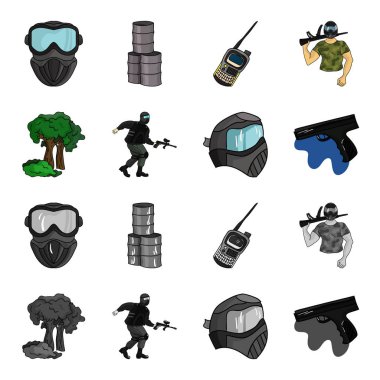 Maske, silah, boya, stok. Paintball toplama simgeler çizgi film, tek renkli stil vektör simge stok çizim web ayarla..