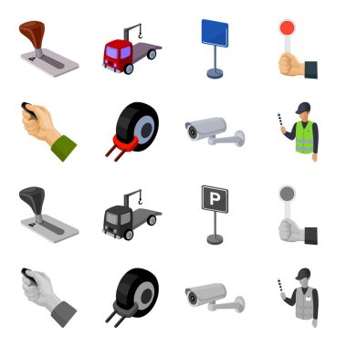 Araba alarmı, jant, güvenlik kamerası, park asistanı. Buraya park edilmez toplama simgeler çizgi film, tek renkli stil vektör simge stok çizim web ayarla..