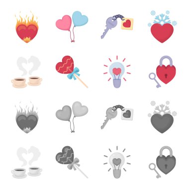 Bardak kahve, Sevgililer, lamba, anahtar ile kilidi. Romantik karikatür, tek renkli stil vektör simge stok çizim web simgeler ayarla.