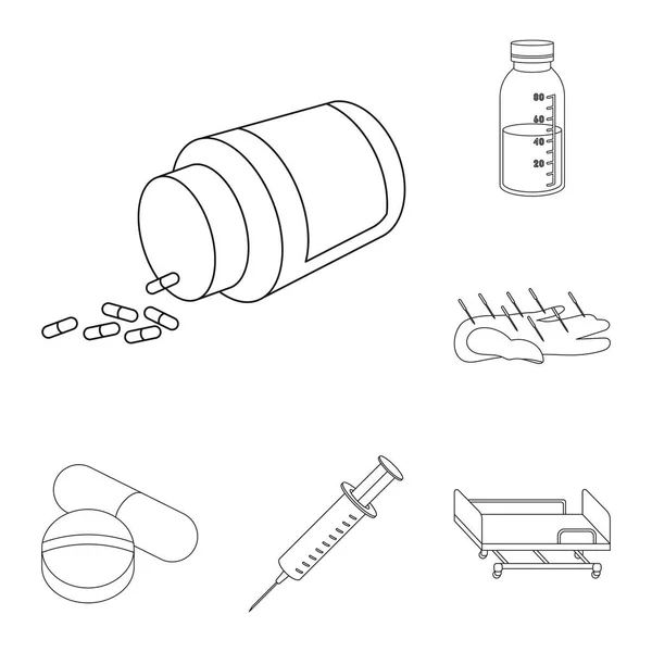 药物和治疗大纲图标集合中的设计。药品和设备矢量符号库存 web 插图. — 图库矢量图片