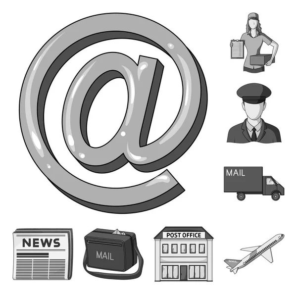 Mail og postbud monokrom ikoner i sæt samling til design. Post og udstyr vektor symbol lager web illustration . – Stock-vektor