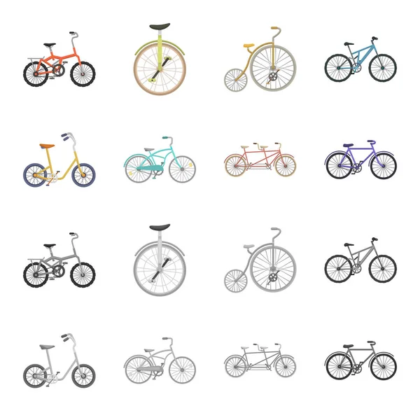 Barn cykel, en dubbel tandem och andra typer. Olika cyklar som samling ikoner i tecknad film, svartvit stil vektor symbol stock illustration web. — Stock vektor