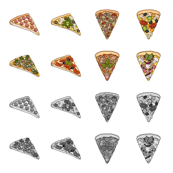 Uma fatia de pizza com ingredientes diferentes. Diferentes ícones de coleção de conjuntos de pizza em desenhos animados, estilo monocromático símbolo vetorial ilustração web . —  Vetores de Stock