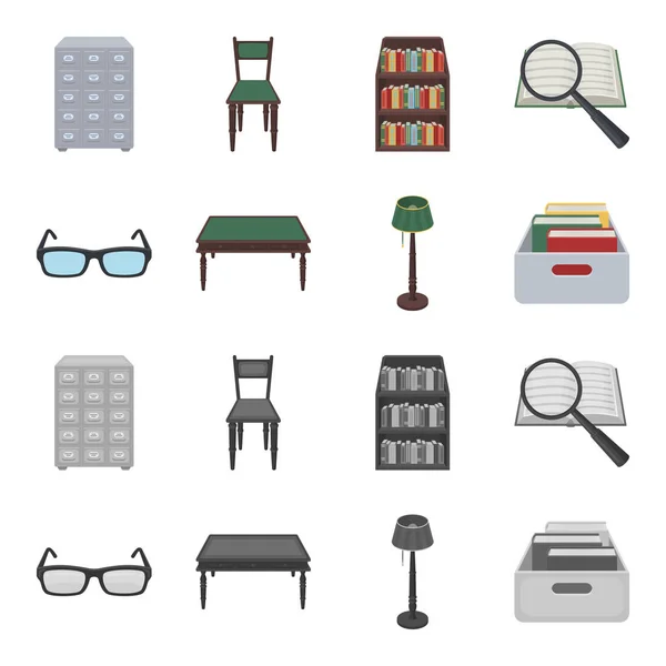 Brýle, dřevěný stůl, stojací lampa, krabice s knihami. Knihovna a knihkupectví sada kolekce ikon v karikatuře, monochromatické stylu vektor symbol akcií ilustrace web. — Stockový vektor