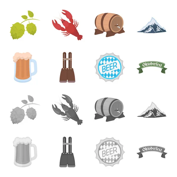 Shorts mit Hosenträgern, ein Glas Bier, ein Schild, ein Emblem. oktoberfest set sammlung symbole in cartoon, monochrom stil vektor symbol stock illustration web. — Stockvektor