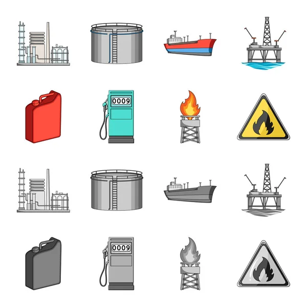 Kanister na benzynę, stacja benzynowa, wieża, znak ostrzegawczy. Olej zestaw kolekcji ikon w kreskówce, www ilustracji symbol wektor styl monochromatyczny. — Wektor stockowy