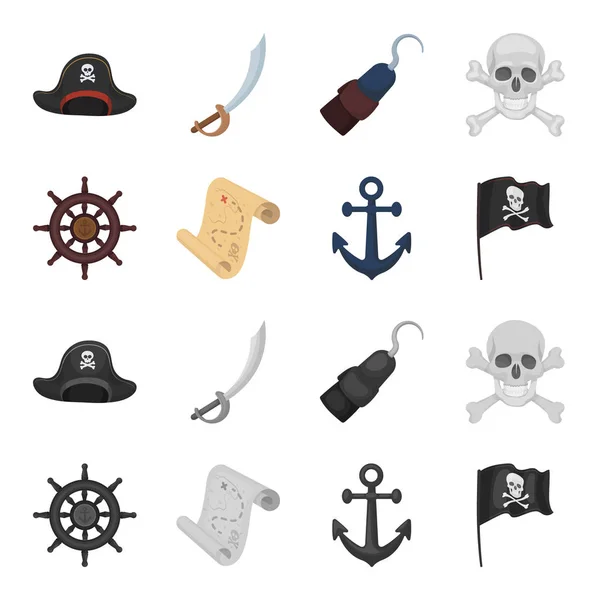 Pirata, bandido, leme, bandeira. Piratas conjunto coleção ícones em desenho animado, estilo monocromático símbolo vetorial ilustração web . —  Vetores de Stock