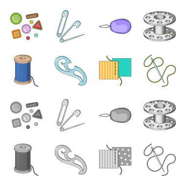 Bir makara ile konu, bir iğne, bir curl, kumaş dikiş. Dikiş veya araçları terzilik çizgi film, tek renkli stil vektör simge stok çizim web simgeler ayarla.
