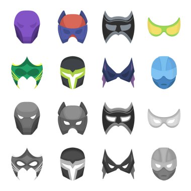 Baş ve gözler maske. Süper kahraman maske simgeler çizgi film, tek renkli stil vektör simge stok çizim web ayarla..