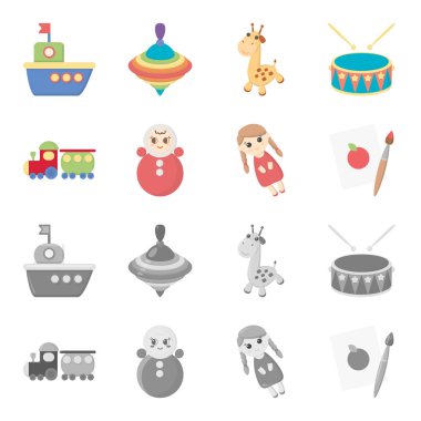 Train.kukla, resim. Oyuncak toplama simgeler çizgi film, tek renkli stil vektör simge stok çizim web ayarla..