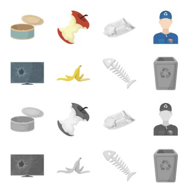 TV'yi kırık, muz kabuğu, balık iskeleti, çöp kutusu. Çöp ve çöp toplama simgeler çizgi film, tek renkli stil vektör simge stok çizim web ayarla.