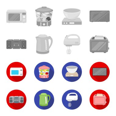 Elektrikli su ısıtıcısı, Müzik Merkezi, Mikser, ekmek kızartma makinesi. Ev toplama simgeler tek renkli, düz stil vektör simge stok çizim web ayarla..