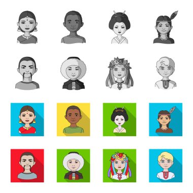Çin, Ukrayna, Rusya, eskimo. İnsan ırkının toplama simgeler tek renkli, düz stil vektör simge stok çizim web ayarla..