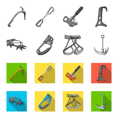 Kanca, dağcı koşum, sigorta ve diğer ekipmanlar. Dağcılık toplama simgeler tek renkli, düz stil vektör simge stok çizim web içinde ayarla..